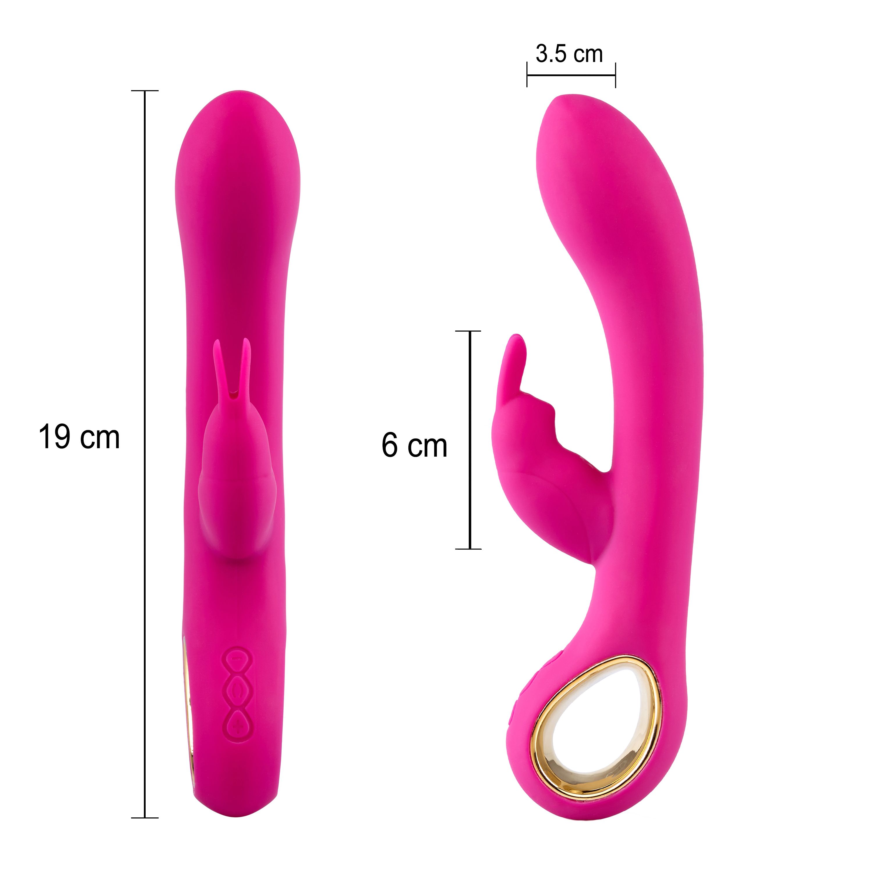 Vibratore rosa con orecchie di coniglio. Dimensioni: 19 cm lungo, 6 cm largo, 3,5 cm spesso. Dettagli dorati.