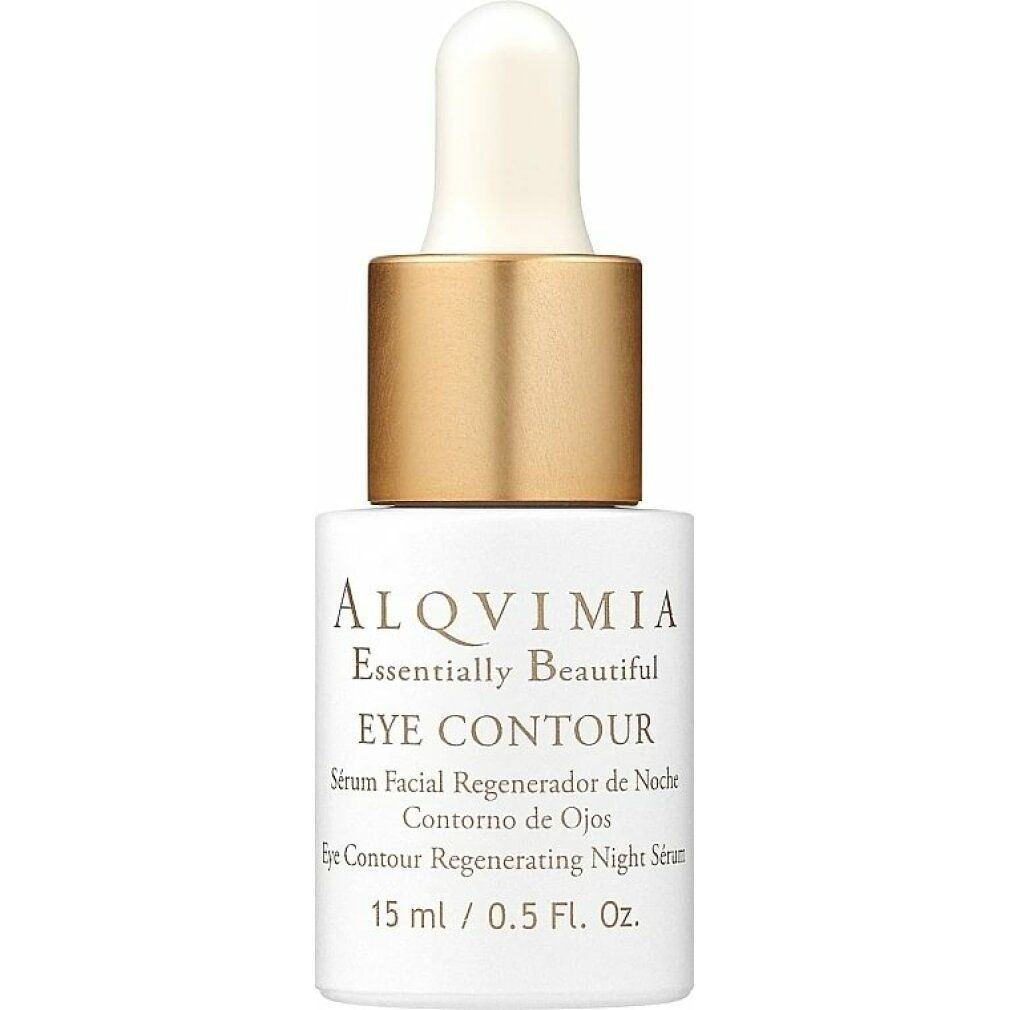 Flacone di siero contorno occhi Alqvimia. Flacone bianco con tappo dorato e pipetta. Nome del prodotto e indicazione del volume.