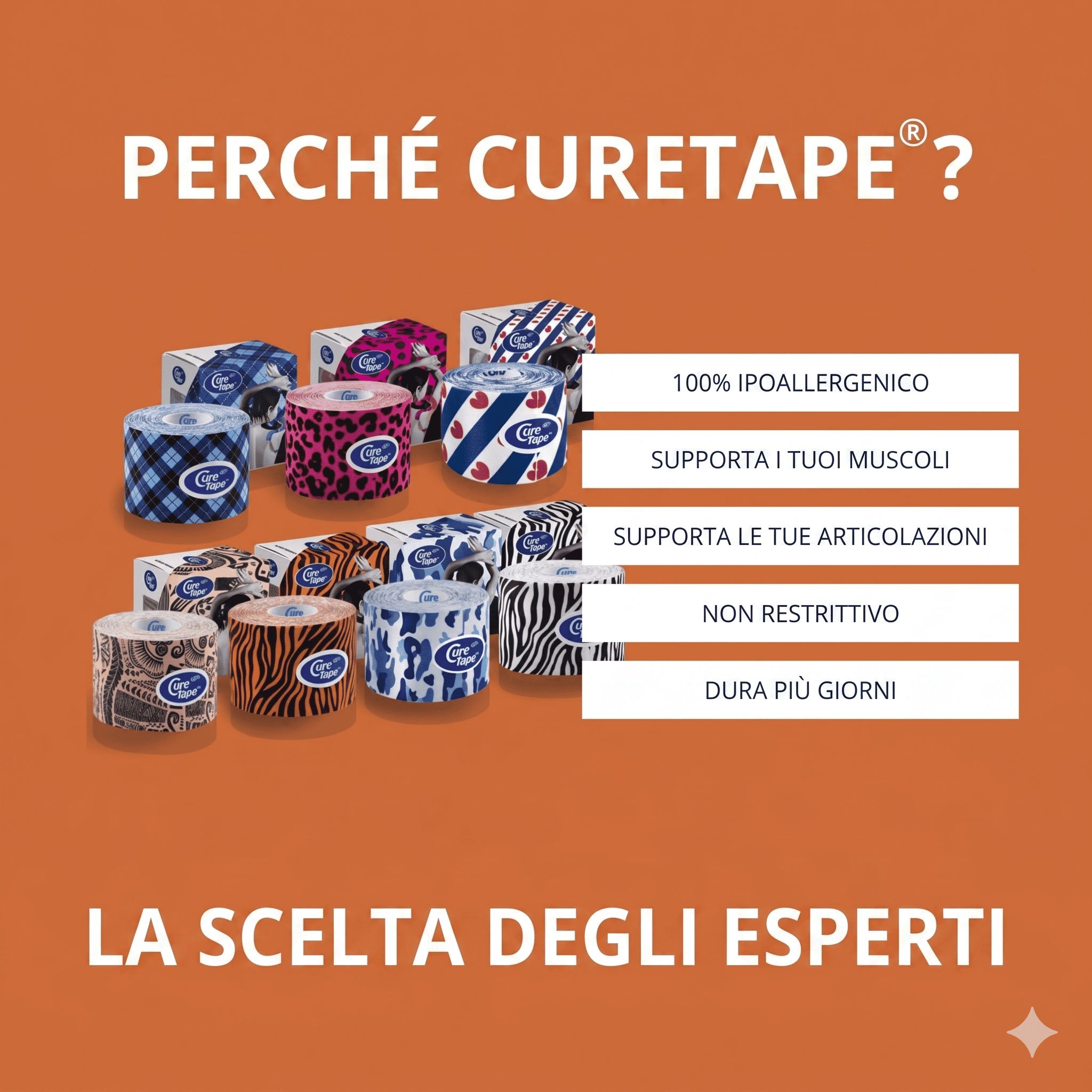 Diversi rotoli di kinesiotape CureTape in vari motivi. Testo che evidenzia le caratteristiche: ipoallergenico, di supporto.