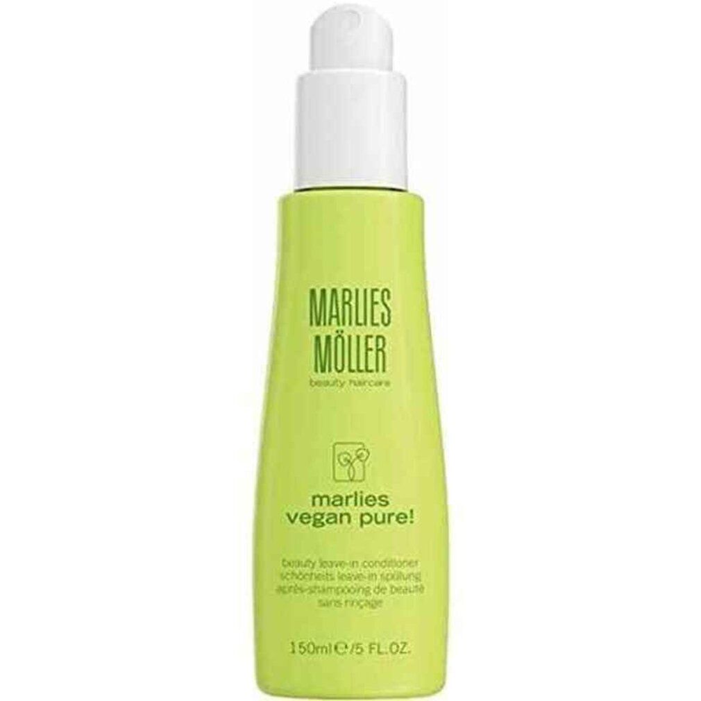 Flacone verde con dosatore bianco. Scritta: Marlies Möller, vegan pure!. Testo: Beauty Leave-in Conditioner. 150ml/5 FL.OZ.