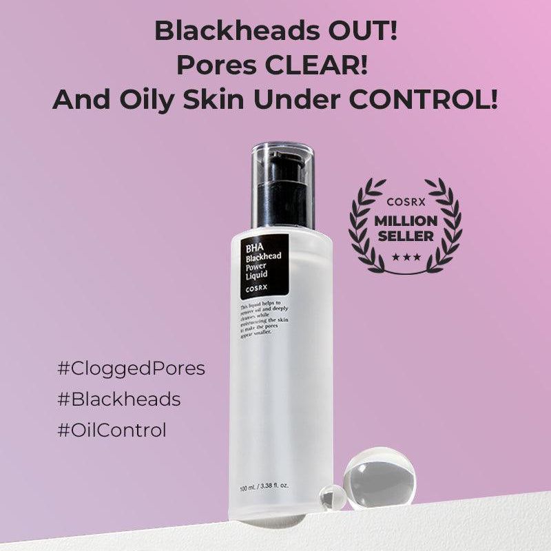 Immagine promozionale con flacone e testo. Flacone con tappo a pompa nero. Testo: Blackheads OUT!