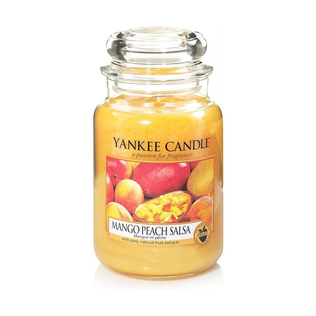 Candela profumata Mango Peach Salsa in vaso con coperchio. Etichetta con frutta. Marchio: Yankee Candle.