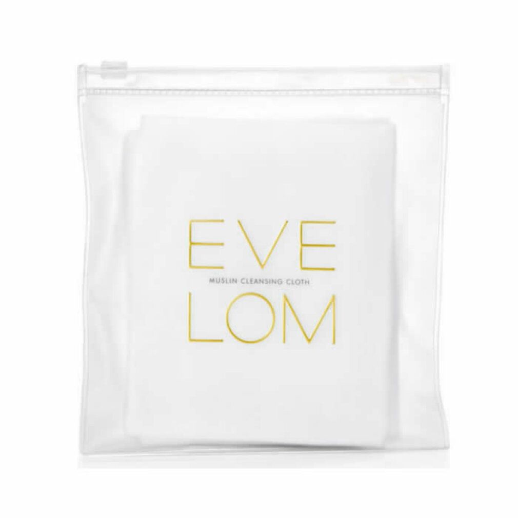 Panno bianco con scritta dorata 'EVE LOM MUSLIN CLEANSING CLOTH' in busta trasparente con zip.