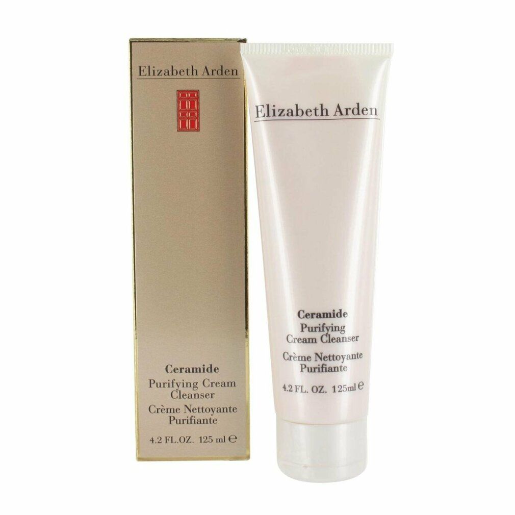 Tubo e confezione del prodotto affiancati. Tubo bianco/rosa. Testo: Ceramide Purifying Cream Cleanser. Marchio: Elizabeth Arden.