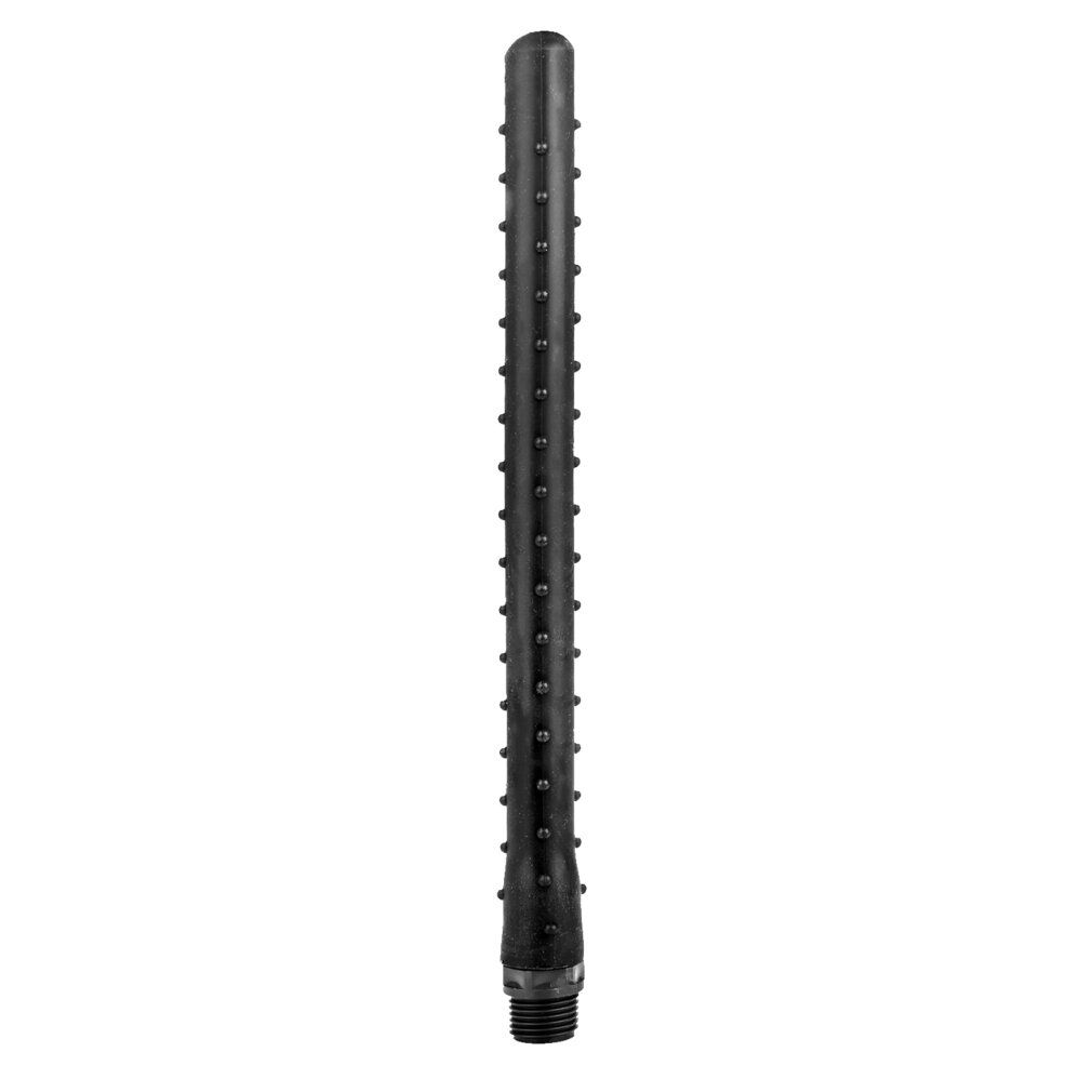 Ugello doccia nero in silicone. Forma cilindrica con rilievi. Attacco filettato all'estremità.