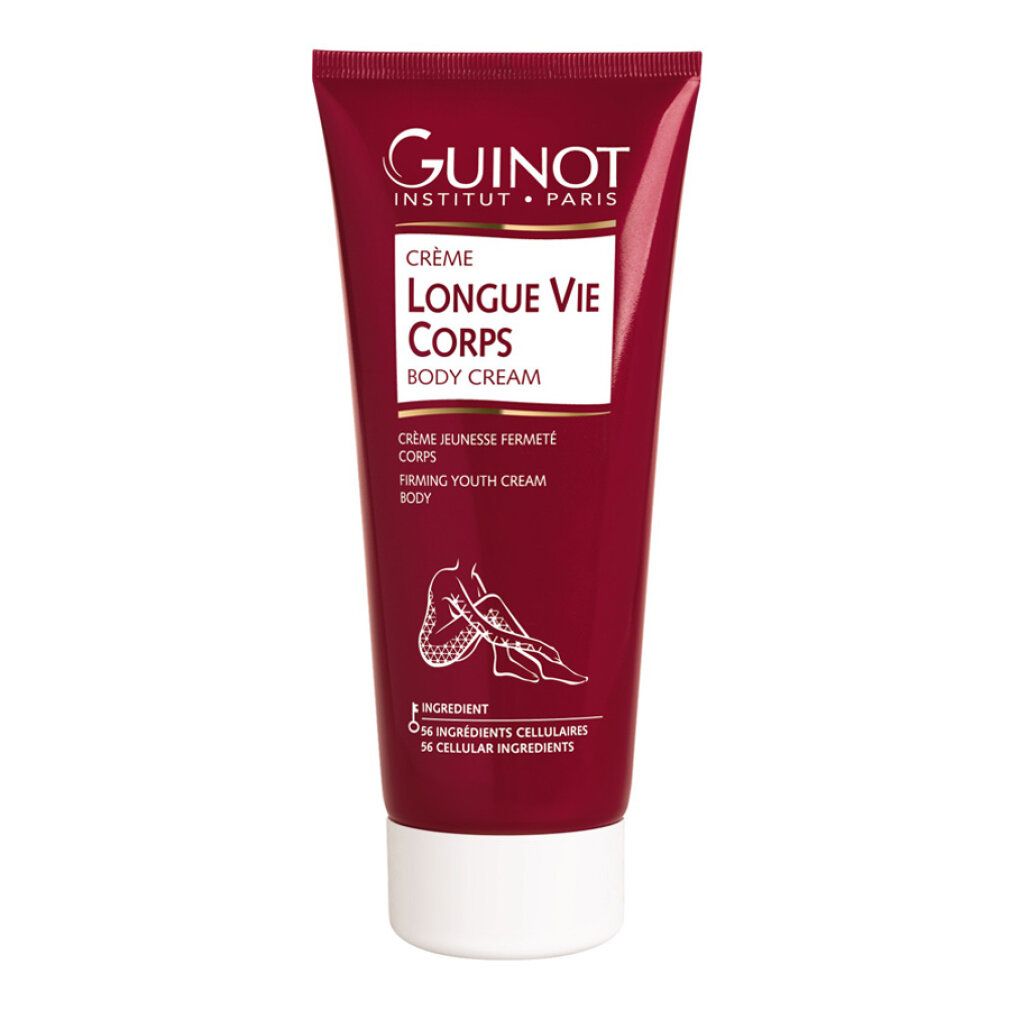 Tubo rosso con tappo bianco. Scritta: Guinot, Crème Longue Vie Corps, Body Cream. Illustrazione di una gamba.