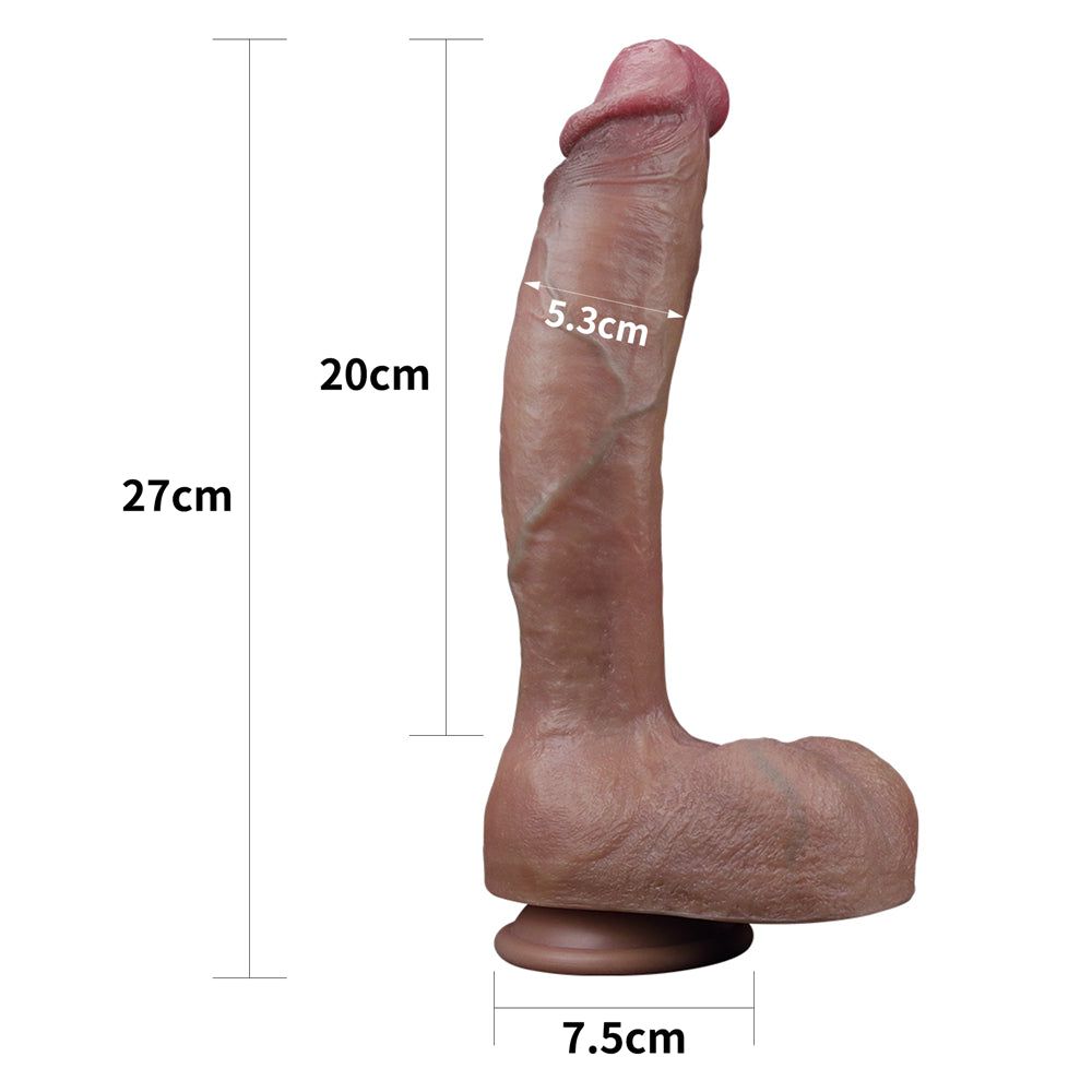 Dildo marrone con punta rosa. Misure: 27 cm lungo, 20 cm fusto, 7,5 cm base, 5,3 cm diametro. Superficie dettagliata.