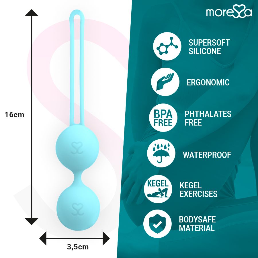 Sfera di Kegel azzurra con anello. Dimensioni: 16cm altezza, 3,5cm larghezza. Testi: SUPERSOFT SILICONE, ERGONOMIC, BPA FREE, WATERPROOF, BODYSFE MATERIAL.