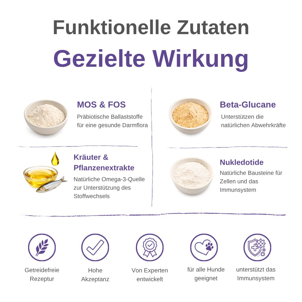Ingredienti funzionali per snack per cani: MOS & FOS, Beta-glucani, Erbe, Nucleotidi. Simboli per flora intestinale, difese.