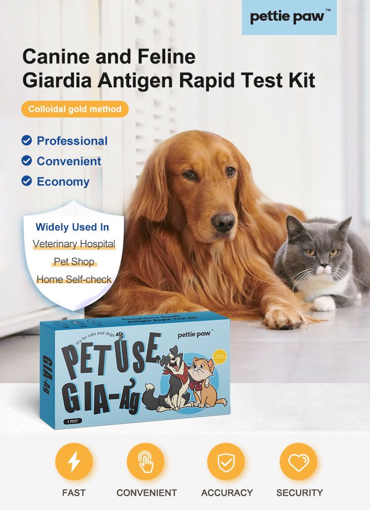 Confezione per test rapido dell'antigene della Giardia per cani e gatti. Con cane e gatto, testo: PET USE GIA-Ag, pette paw.