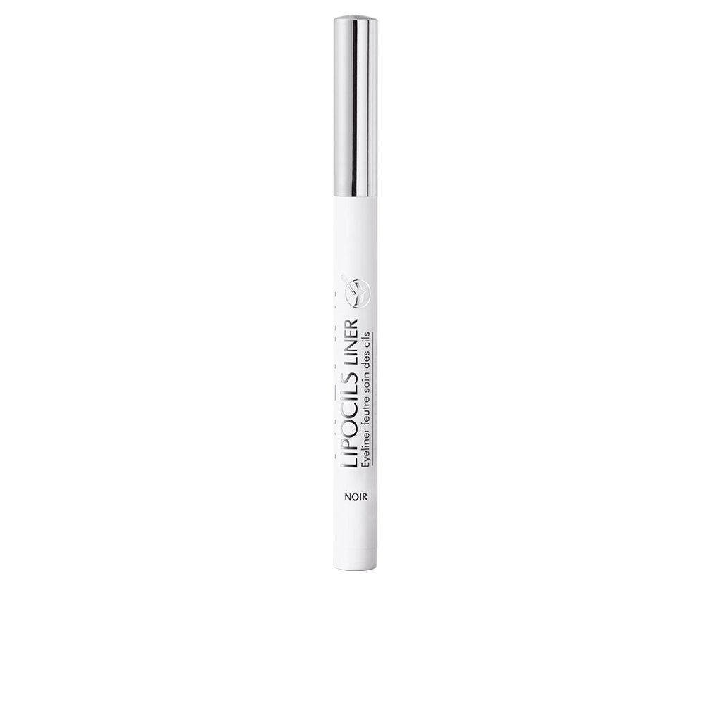 Eyeliner nero a punta fine. Penna bianca con cappuccio argentato. Scritta: LIPOCILS LINER, NOIR.