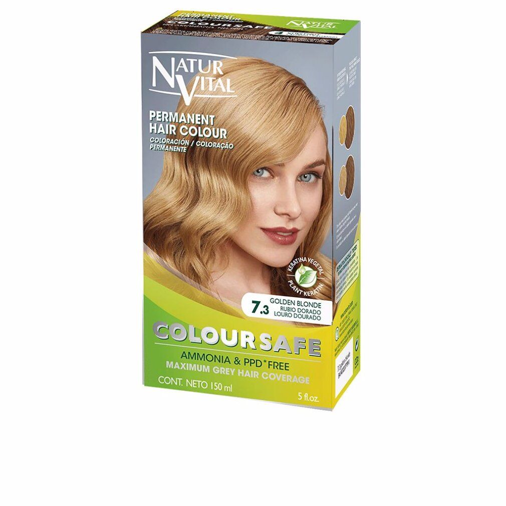 Confezione di tinta per capelli Natur Vital Coloursafe Permanente 7.3 Biondo Oro. Donna bionda sulla confezione. Senza ammoniaca e PPD.