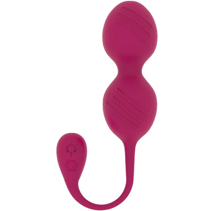 Due sfere vaginali rosa, collegate da un sottile stelo. Le sfere presentano scanalature oblique.