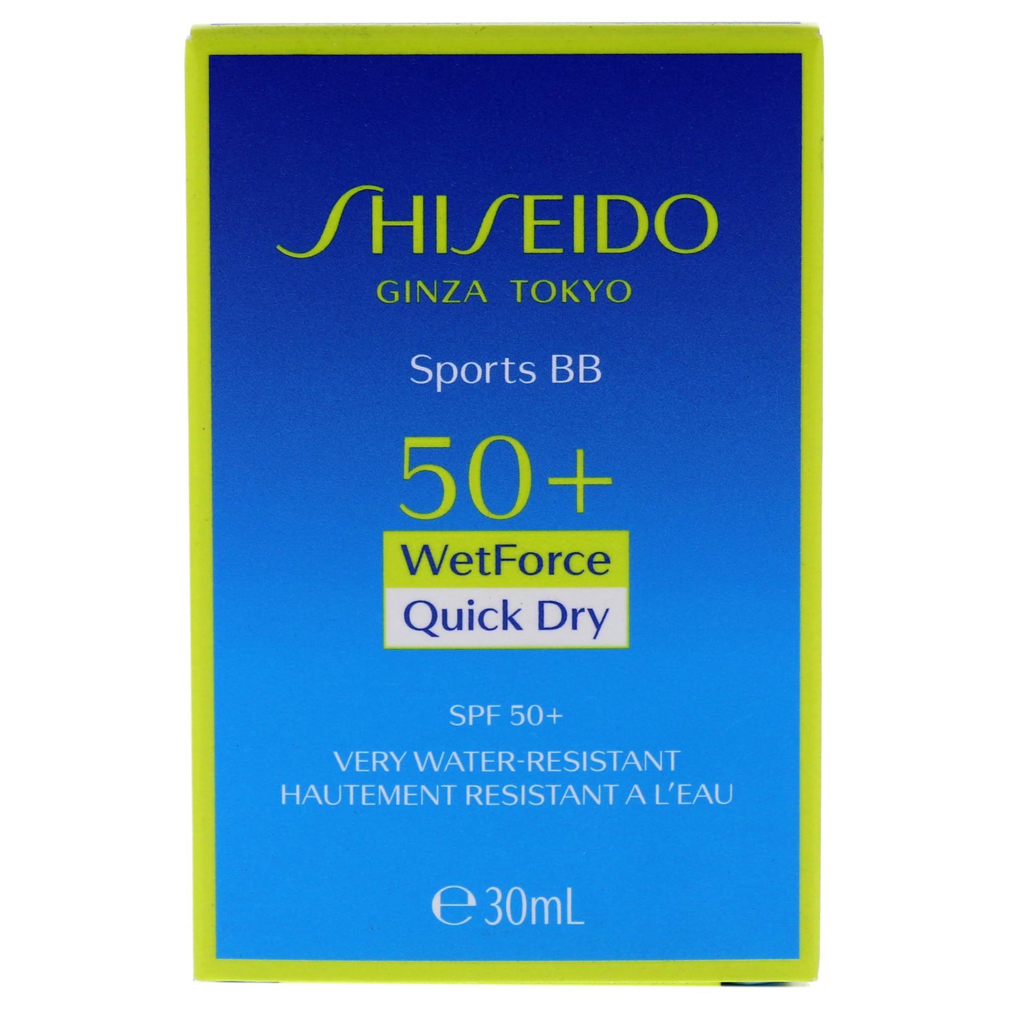 Scatola blu con bordi verdi. Scritta: SHISEIDO Sports BB SPF 50+ WetForce Quick Dry. E30ml.