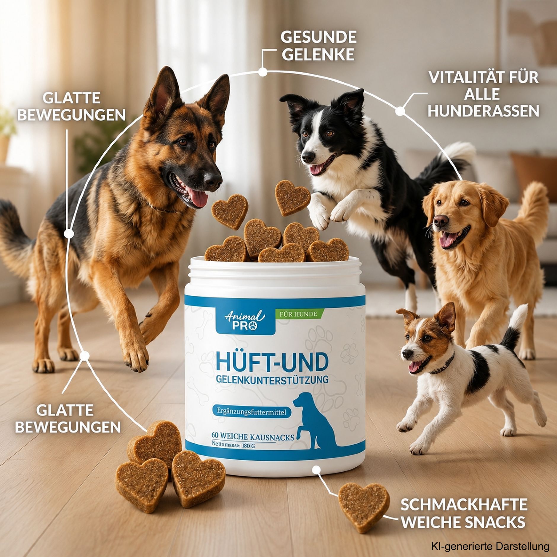 Prodotto di supporto articolare per cani, snack a forma di cuore e testi su articolazioni sane e vitalità.