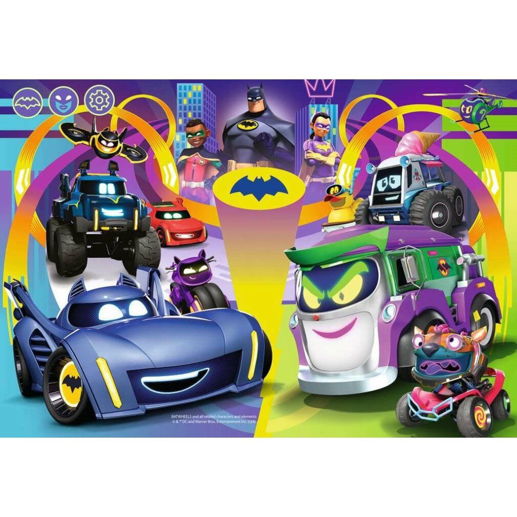 Puzzle con personaggi e veicoli dei fumetti. Batman, Robin e altri personaggi sono visibili.