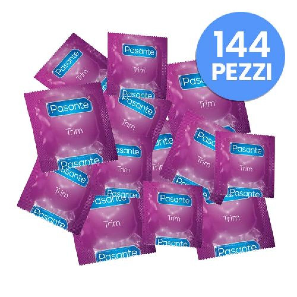 Diversi preservativi confezionati singolarmente. Confezione rosa con logo 'Pasante Trim'. 144 pezzi.