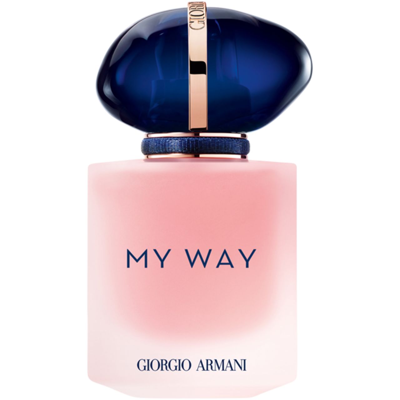 Flacone rosa con tappo blu. Scritta: MY WAY, Giorgio Armani.