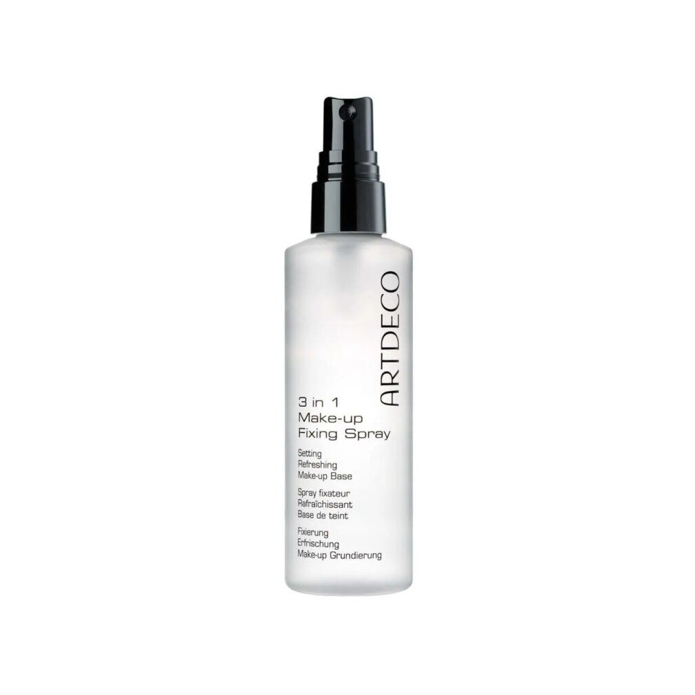 Spray fissante trucco Artdeco. Flacone trasparente con erogatore nero. Testo: 3 in 1 Make-up Fixing Spray.