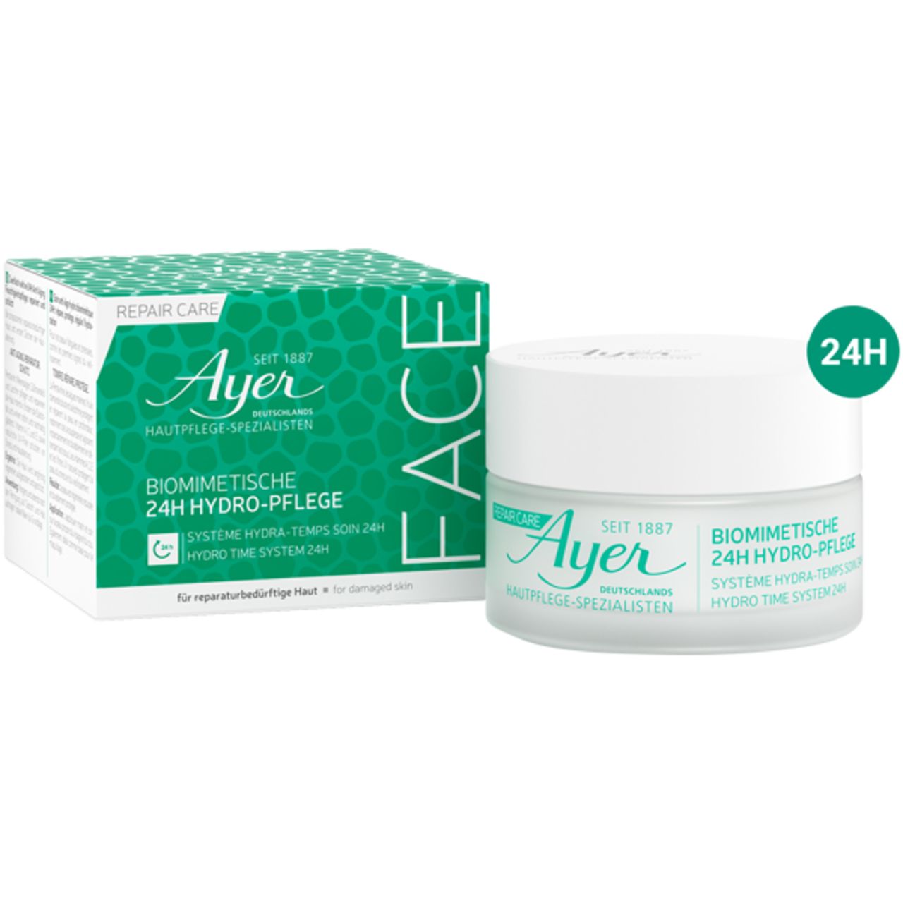 Vasetto di crema e scatola. Scritta: Ayer, 24h Hydro-Pflege. Confezione verde e bianca. Cura del viso.