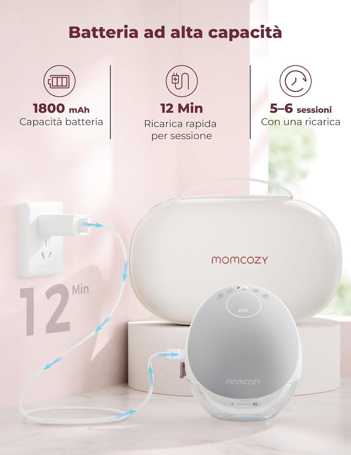 Tiralatte Momcozy: Batteria 1800mAh, ricarica rapida 12 min, 5-6 sessioni.