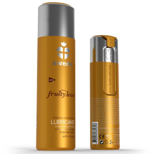 Flacone dorato con tappo argentato. Marca: Swede, Prodotto: Fruity Love Lubricant.