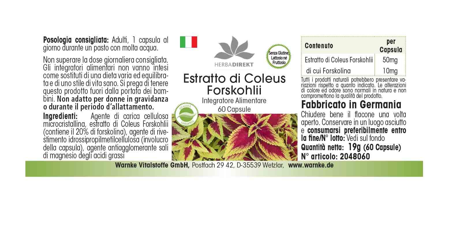 Etichetta con testo: Estratto di Coleus Forskohlii, 60 capsule. Logo Herba Direkt. Senza glutine, lattosio e fruttosio.