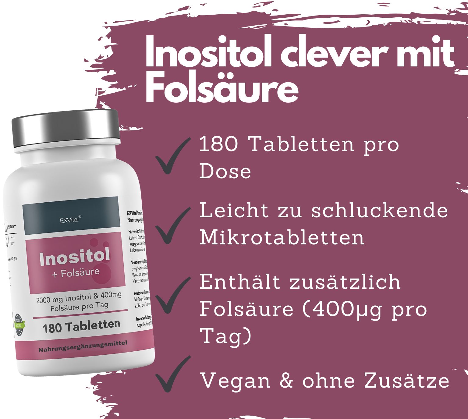 Flacone del prodotto con testo: Inositolo + Acido folico, 180 compresse. Testo: microcompresse facili da deglutire. Logo EXVital.