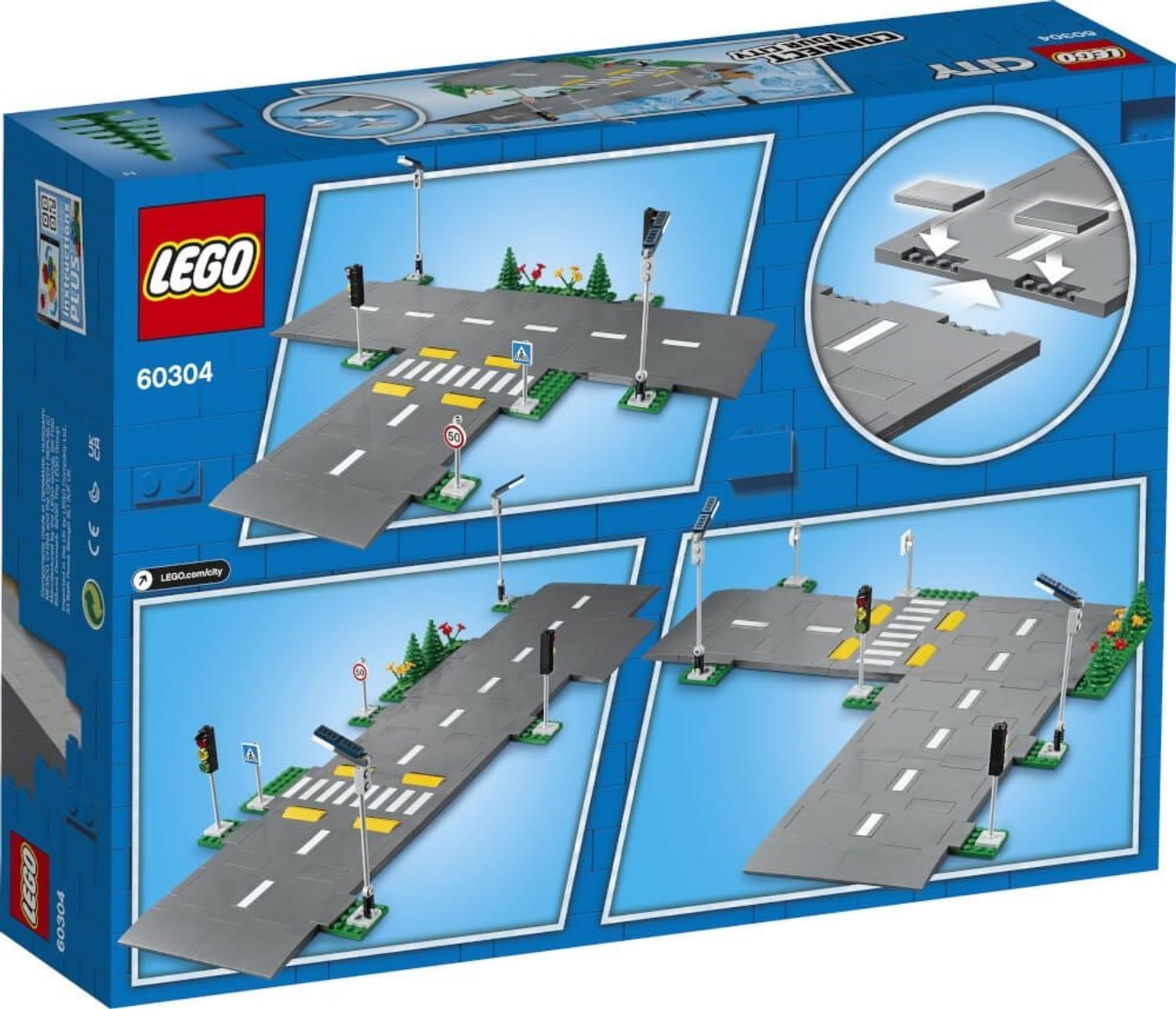 Retro della confezione delle piattaforme stradali LEGO City. Mostra diverse configurazioni. Contiene loghi e informazioni sul prodotto.