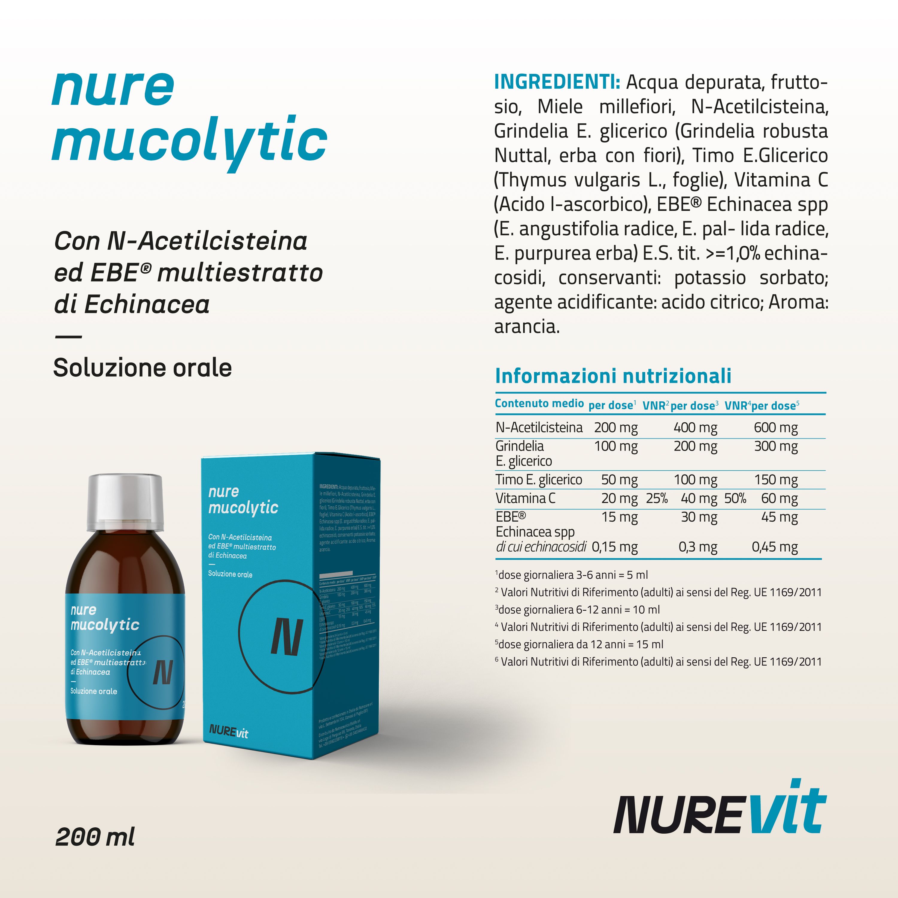 NURE Mucolytic Soluzione Orale 200 ml | Integratore sciroppo tosse, mucolitico fluidificante catarro