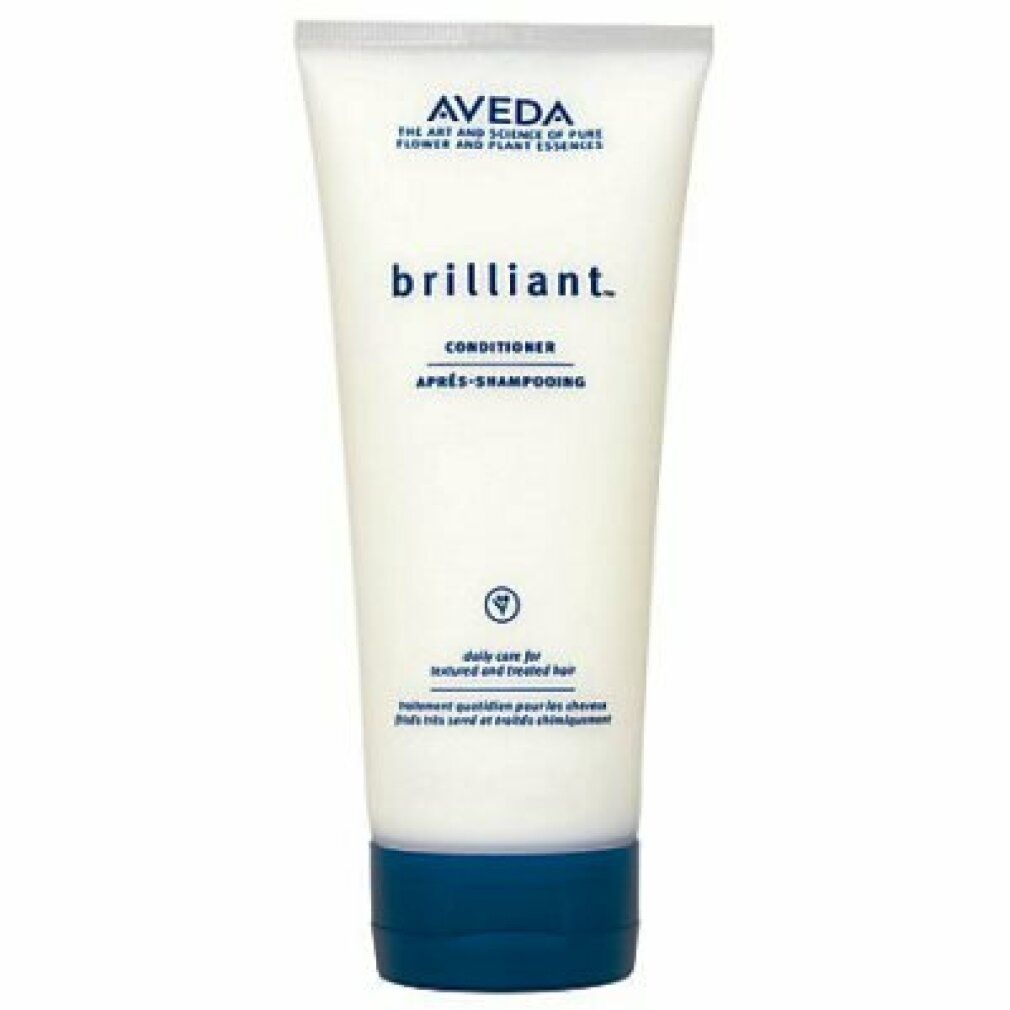 Tubo crema Aveda, nome prodotto "brilliant.". Testo: Conditioner, cura quotidiana per capelli colorati. Tappo blu.
