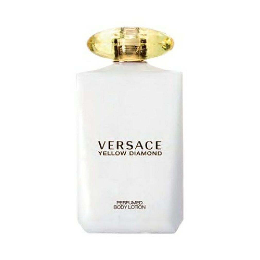 Flacone bianco con tappo giallo. Scritta: VERSACE YELLOW DIAMOND. Lozione corpo profumata.