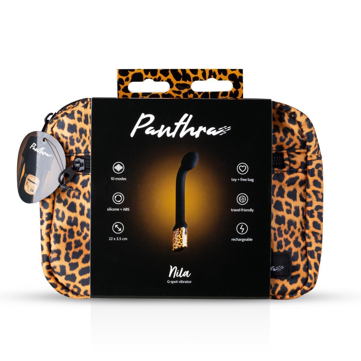 Confezione con vibratore nero, pochette leopardata e informazioni sul prodotto. Marchio: Panthra.