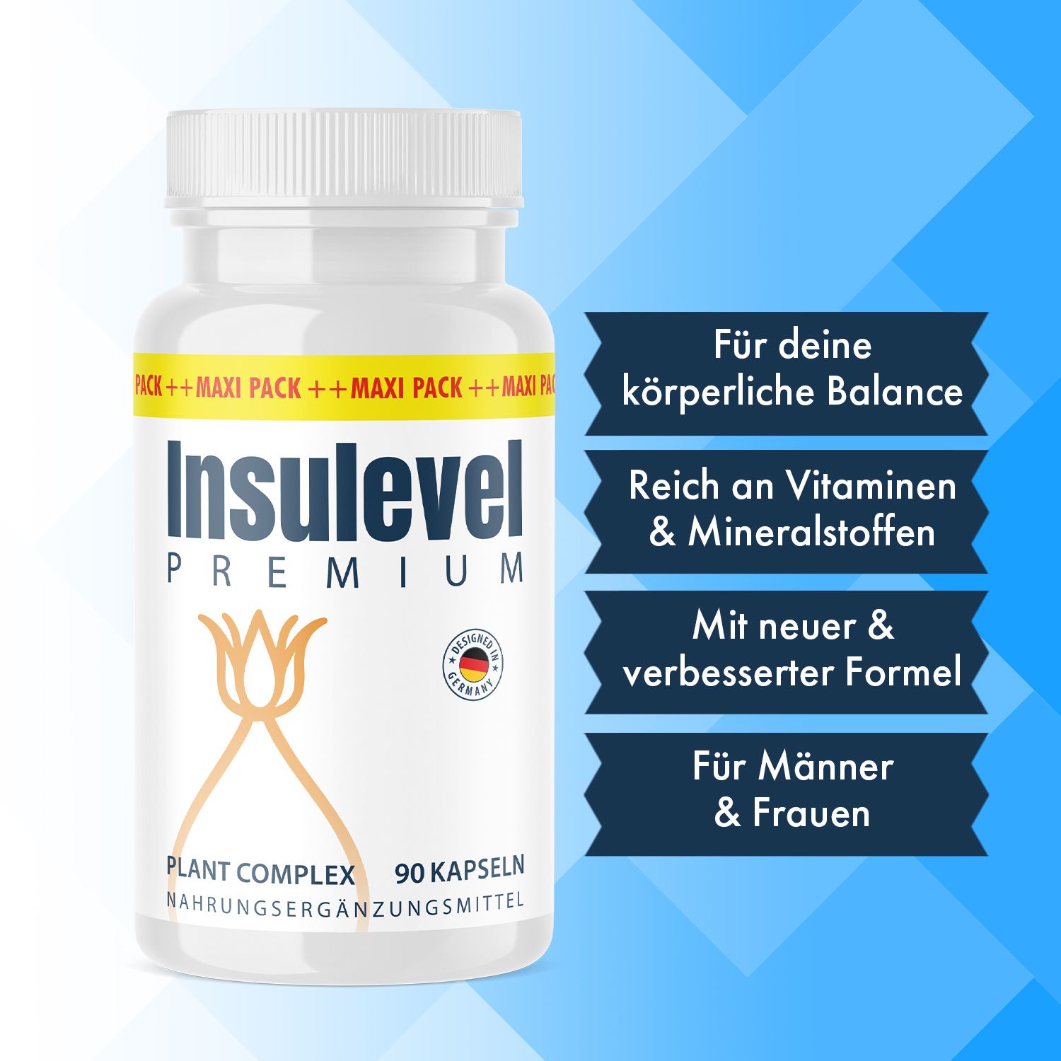 Flacone bianco di capsule. Scritta: Insulevel Premium, 90 capsule. Testo: Per il tuo equilibrio corporeo, ricco di vitamine.