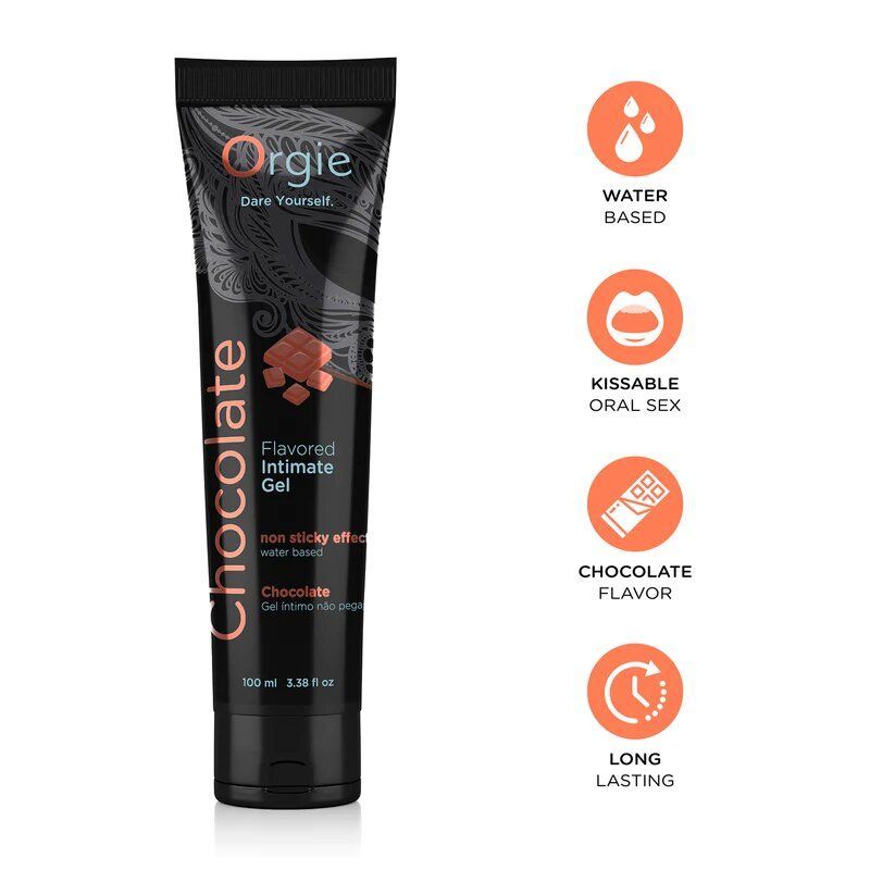 Tubo nero con nome del prodotto e immagine cioccolato. Marchio: Orgie. Testo: Chocolate, Flavored Intimate Gel. Simboli.