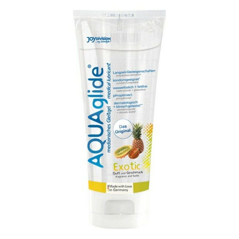 Tubo trasparente con AquaGlide 2in1. Scritta Exotic, profumo e gusto. Gel lubrificante medico. Con ananas e kiwi.