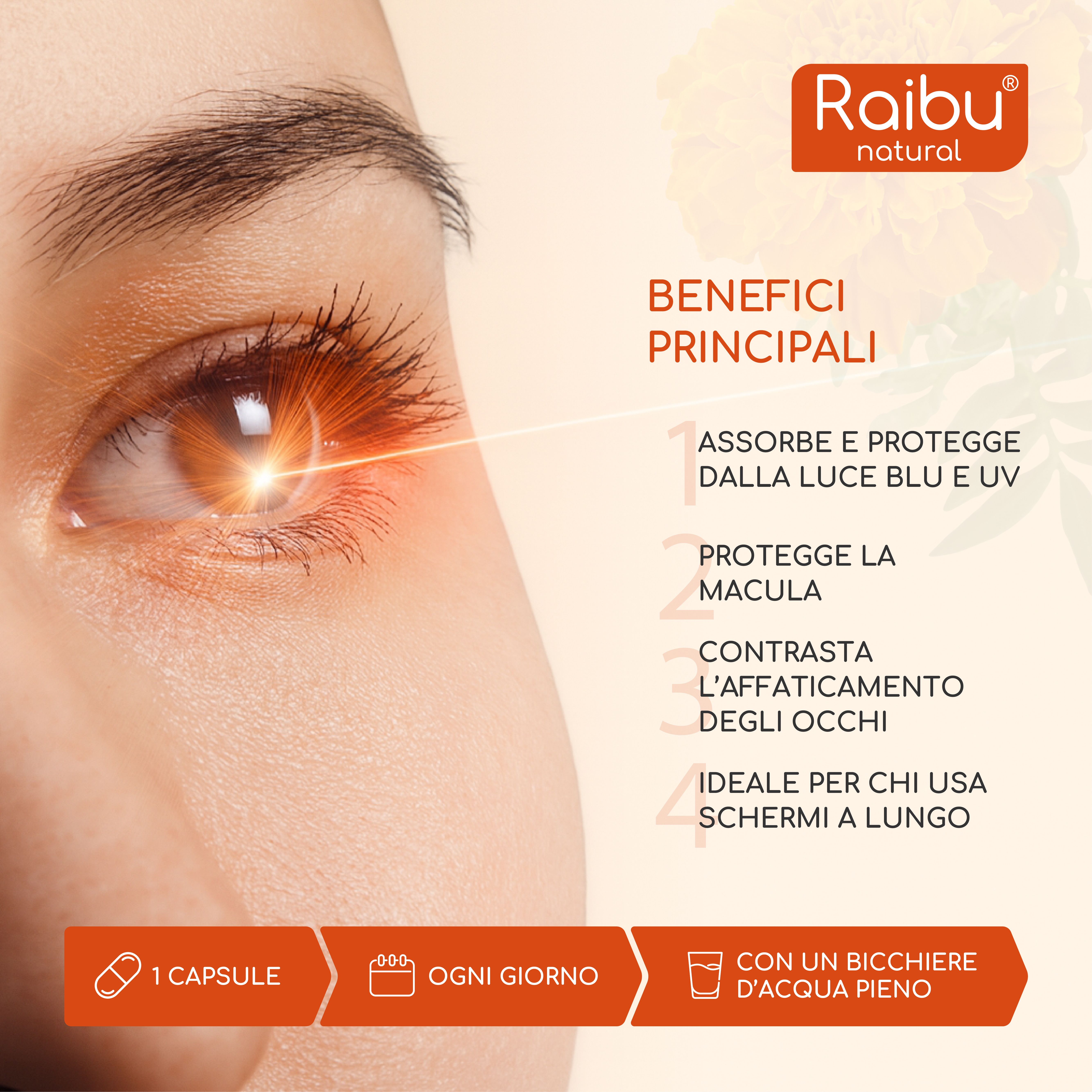 Occhio con raggio di luce. Testo: Protegge dalla luce blu, protegge la macula, riduce l'affaticamento degli occhi. 1 capsula al giorno.