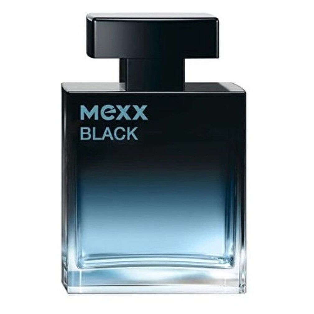 Flacone nero con tappo nero. Scritta: Mexx Black. Sfumatura da nero a blu.