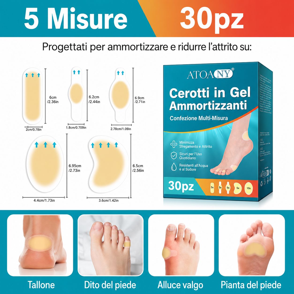 Cerotti per vesciche di diverse dimensioni. Confezione da 30 pezzi. Mostrate diverse forme e dimensioni per diverse aree del piede.