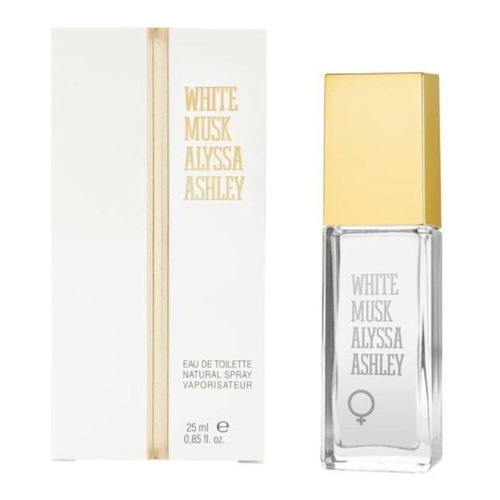 Flacone bianco con tappo dorato e scatola. Scritta: White Musk Alyssa Ashley. 25 ml.