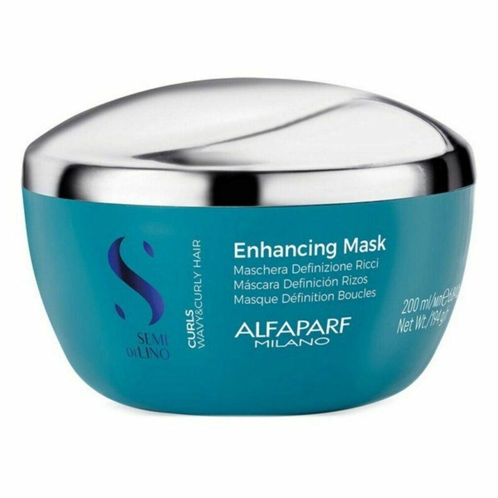 Vaso turchese con coperchio argentato. Scritta: Alfaparf Milano, Enhancing Mask. Per capelli ricci.