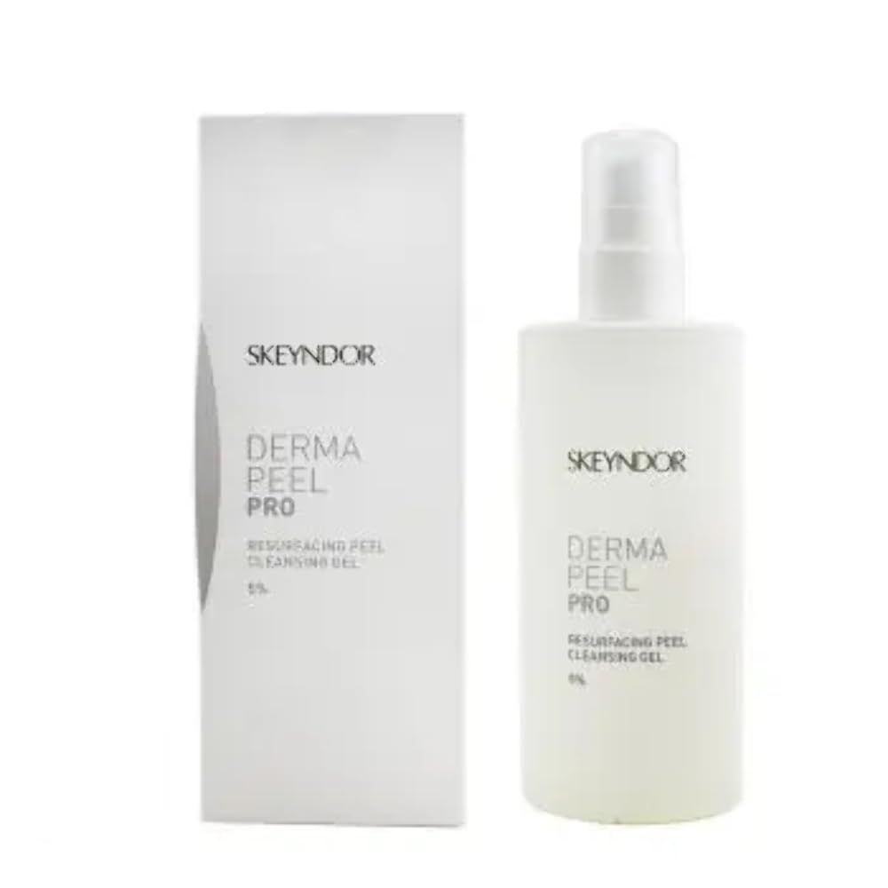 Flacone e scatola bianchi. Scritta: SKEYNDOR, DERMA PEEL PRO, Resurfacing Peel Cleansing Gel, 5%.
