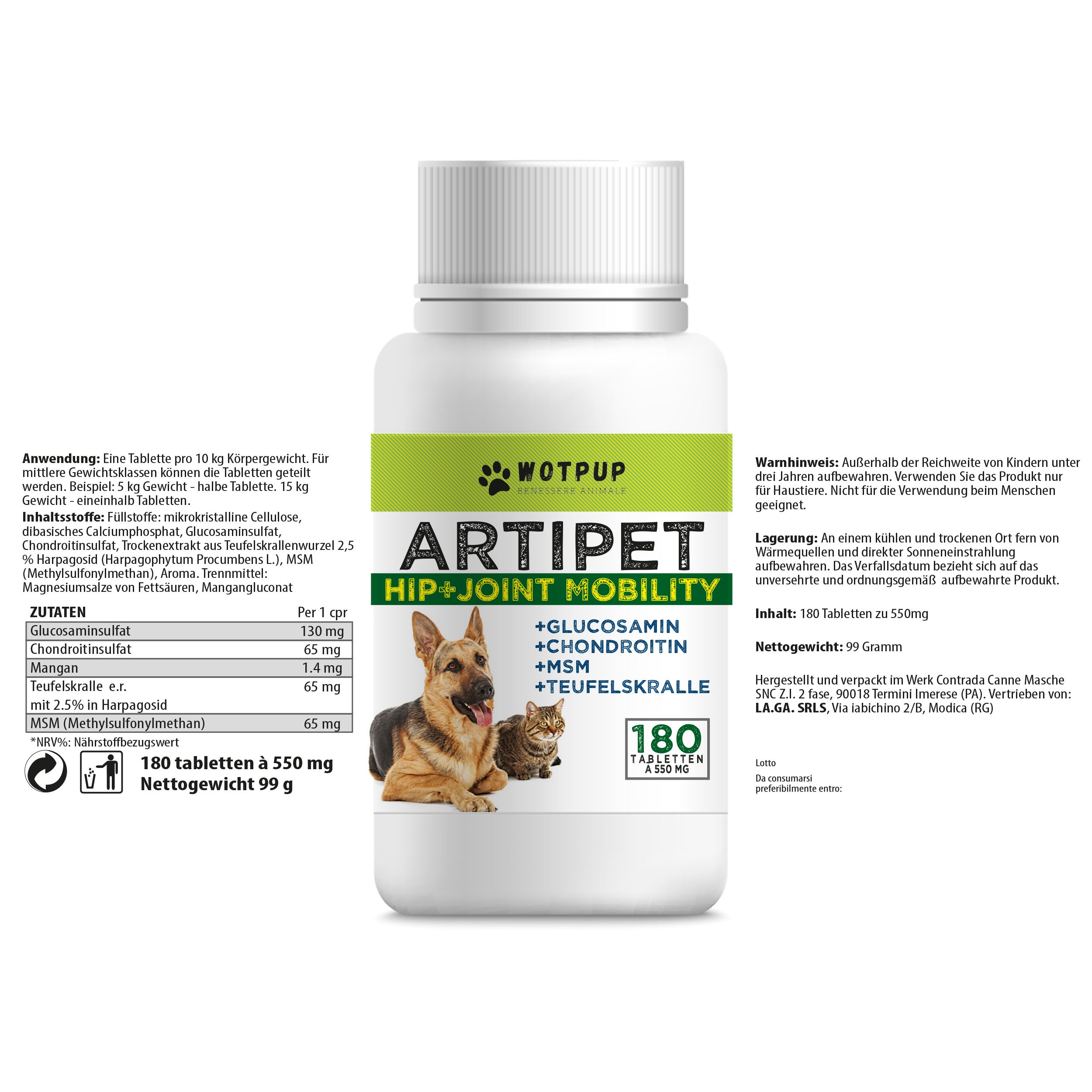 Flacone bianco con etichetta Artipet. Contiene 180 compresse. Ingredienti e istruzioni sul retro.