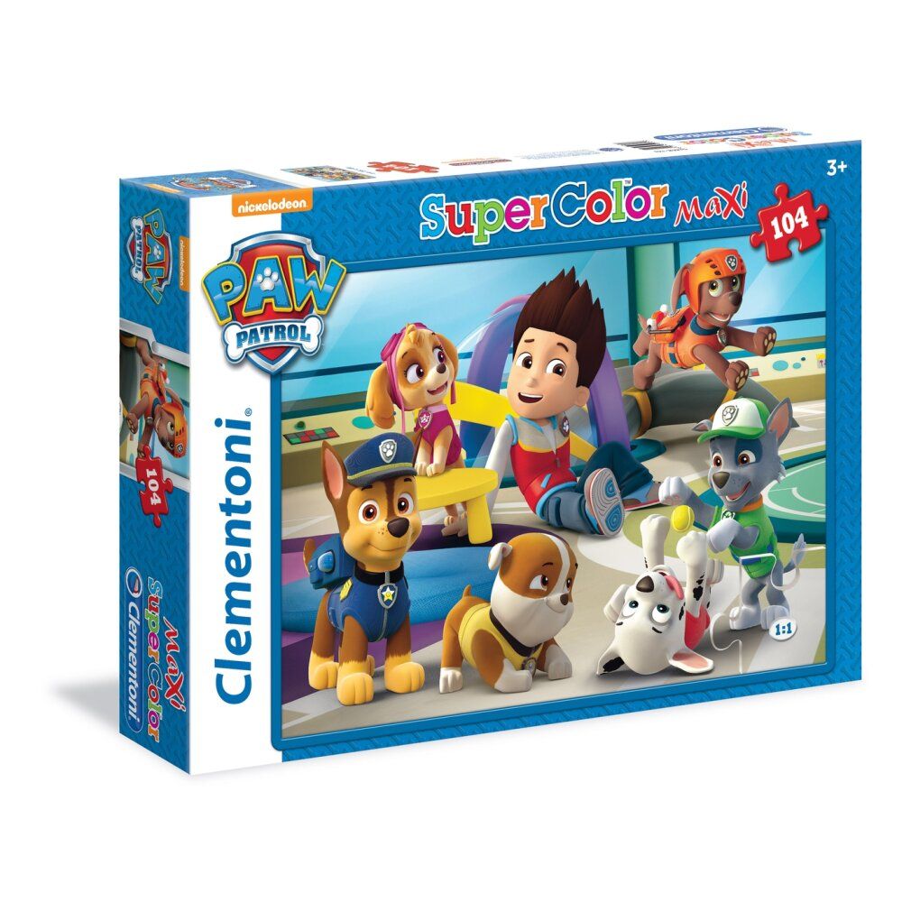 Scatola puzzle Paw Patrol. Scritta: Super Color Maxi, 104 pezzi. Logo Clementoni. Per bambini dai 3 anni in su.