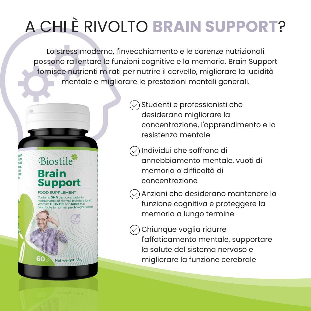 Flacone Biostile Brain Support e testo: A chi è rivolto Brain Support? Studenti, anziani, ecc.
