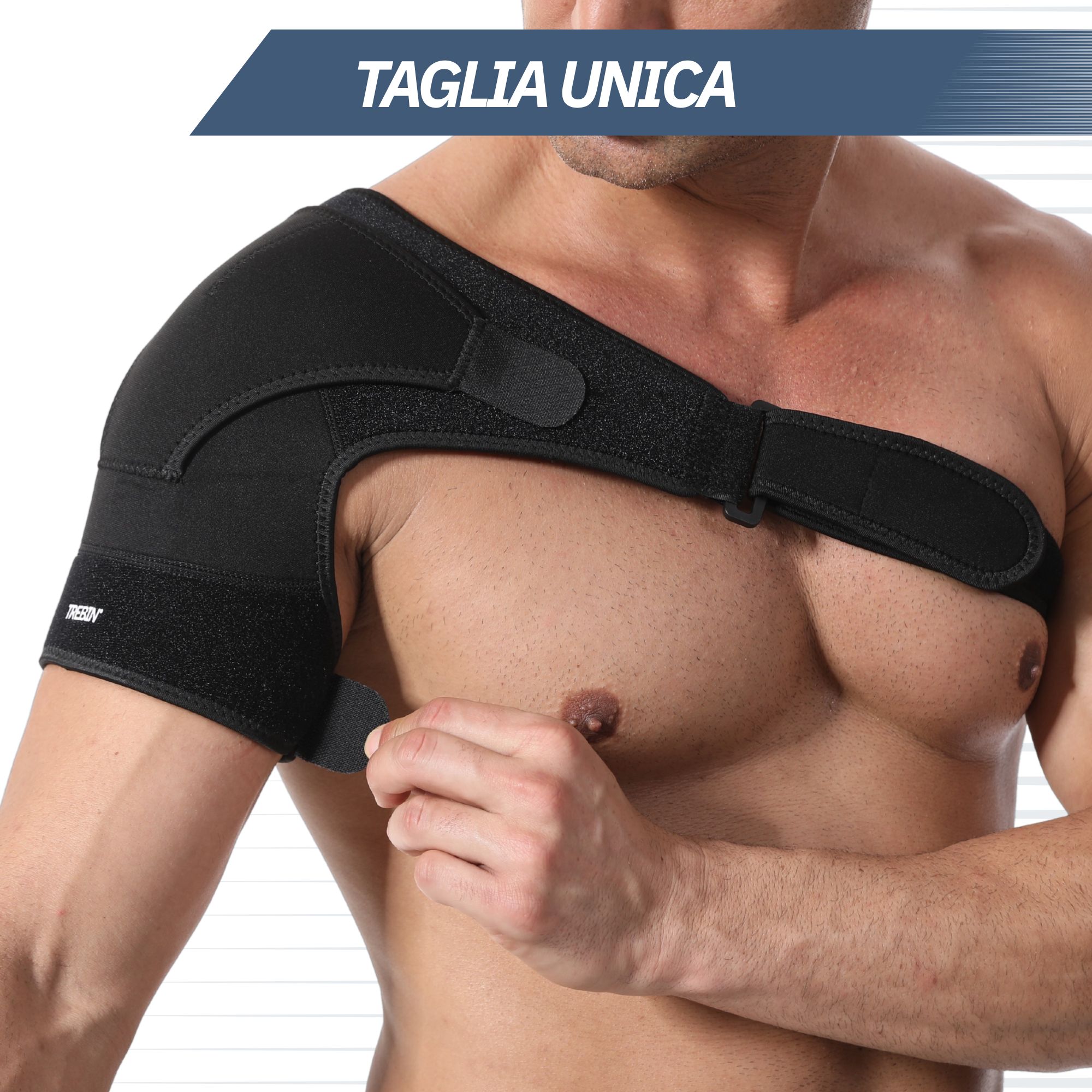 Tutore per spalla nero con chiusure velcro regolabili.