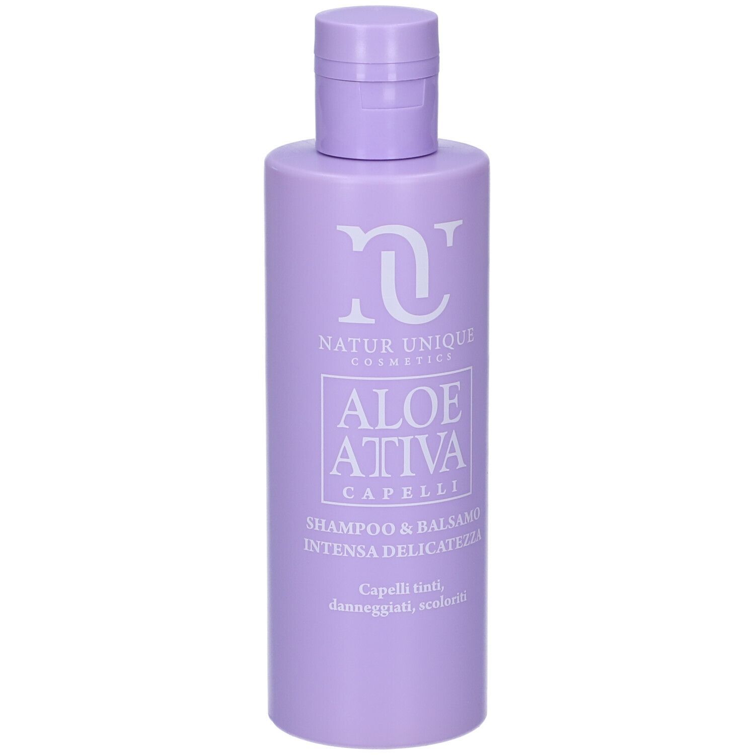 Flacone di shampoo & balsamo viola. Scritta: Natur Unique Cosmetics, Aloe Attiva Capelli, Intensa Delicatezza. Per capelli colorati, danneggiati.