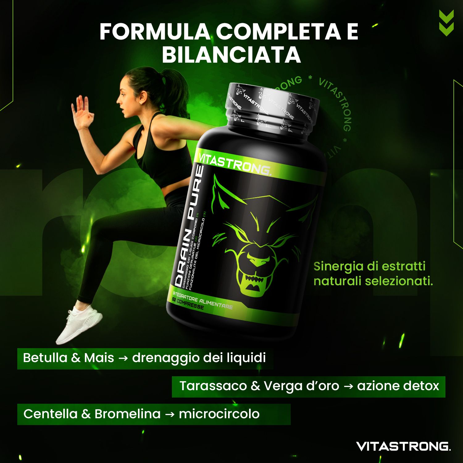 Una donna in abbigliamento sportivo accanto a un flacone Drain Pure. Testo: 'Formula completa e bilanciata'.