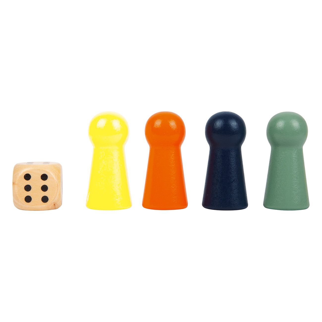 Dado di legno con sei punti e quattro pedine colorate: giallo, arancione, blu, verde. Su sfondo bianco.