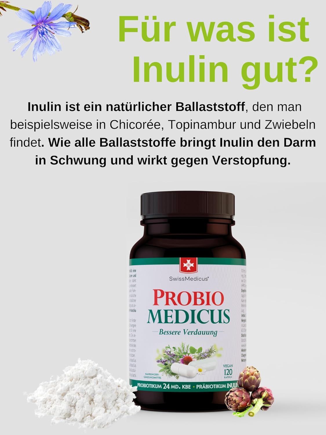 Flacone PROBIO MEDICUS. Testo: A cosa serve l'inulina? L'inulina è una fibra. Con carciofi.
